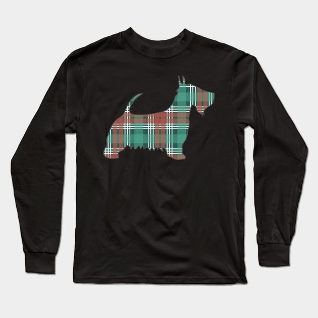 Christmas Coloured Tartan Scottish Terrier Dog Silhouette Long Sleeve T-Shirt by MacPean